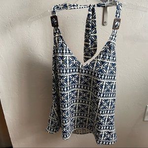 Lands End Halter Tankini Top Navy Blue & White Print w/ Coconut Shell Detail EUC
